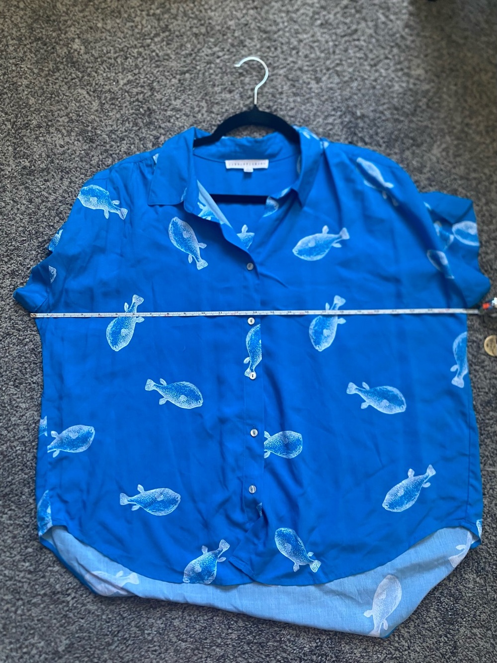 Blue Short Sleeve Lightweight Button-Up Shirt with Bold Fish Print - Picture 7 of 10